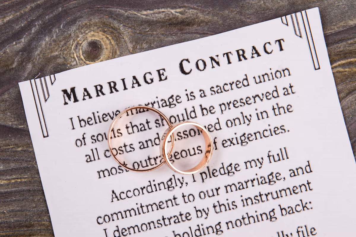 A marriage contract with two wedding rings